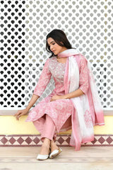 Women Pink Tissue Linen Embroidered Solid Kurta Set With Solid Pants & Printed Dupatta-143-Vaas-Pink