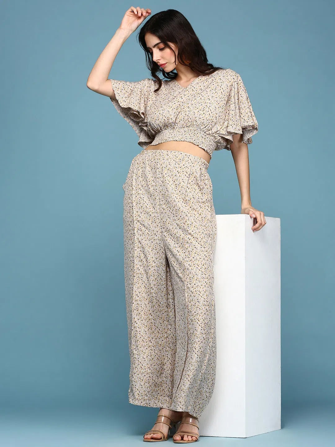 Beige Printed Co Ord Sets for Women | Viscose Beach Printed