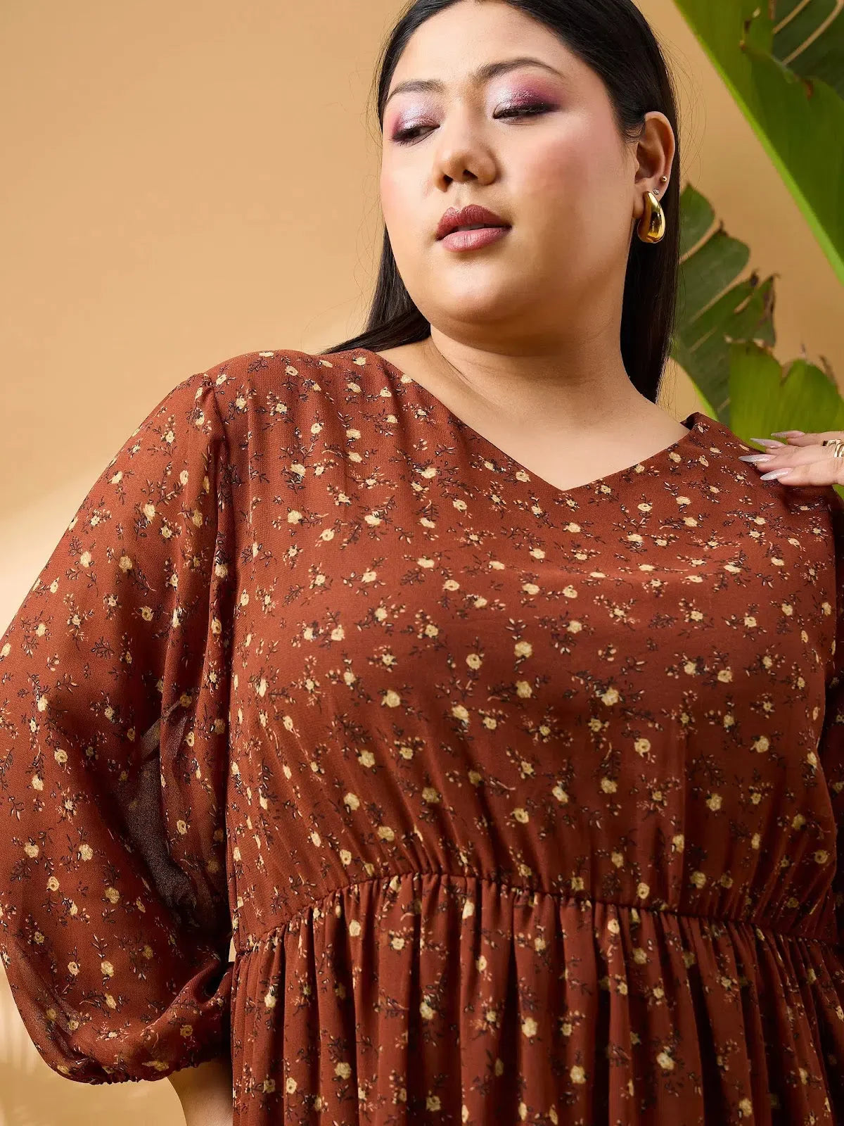 Floral Short Tiered Dress | Brown & Beige Women's Dress