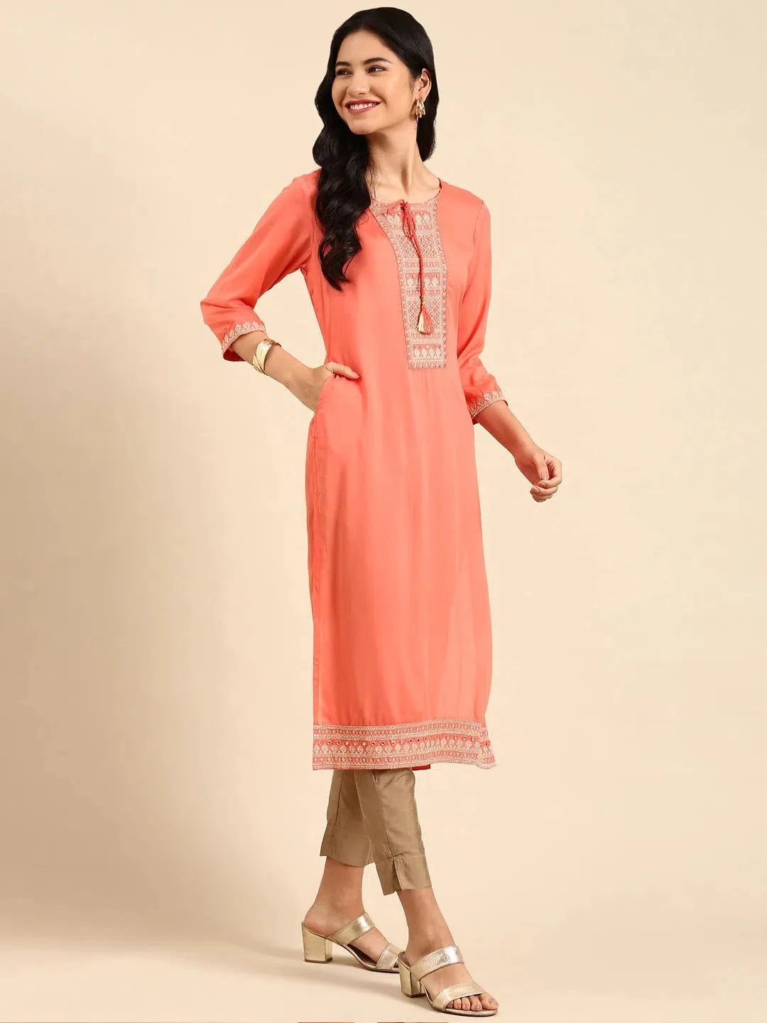 Pink Printed Polyester Kurta | Indian Kurtas for Ladies