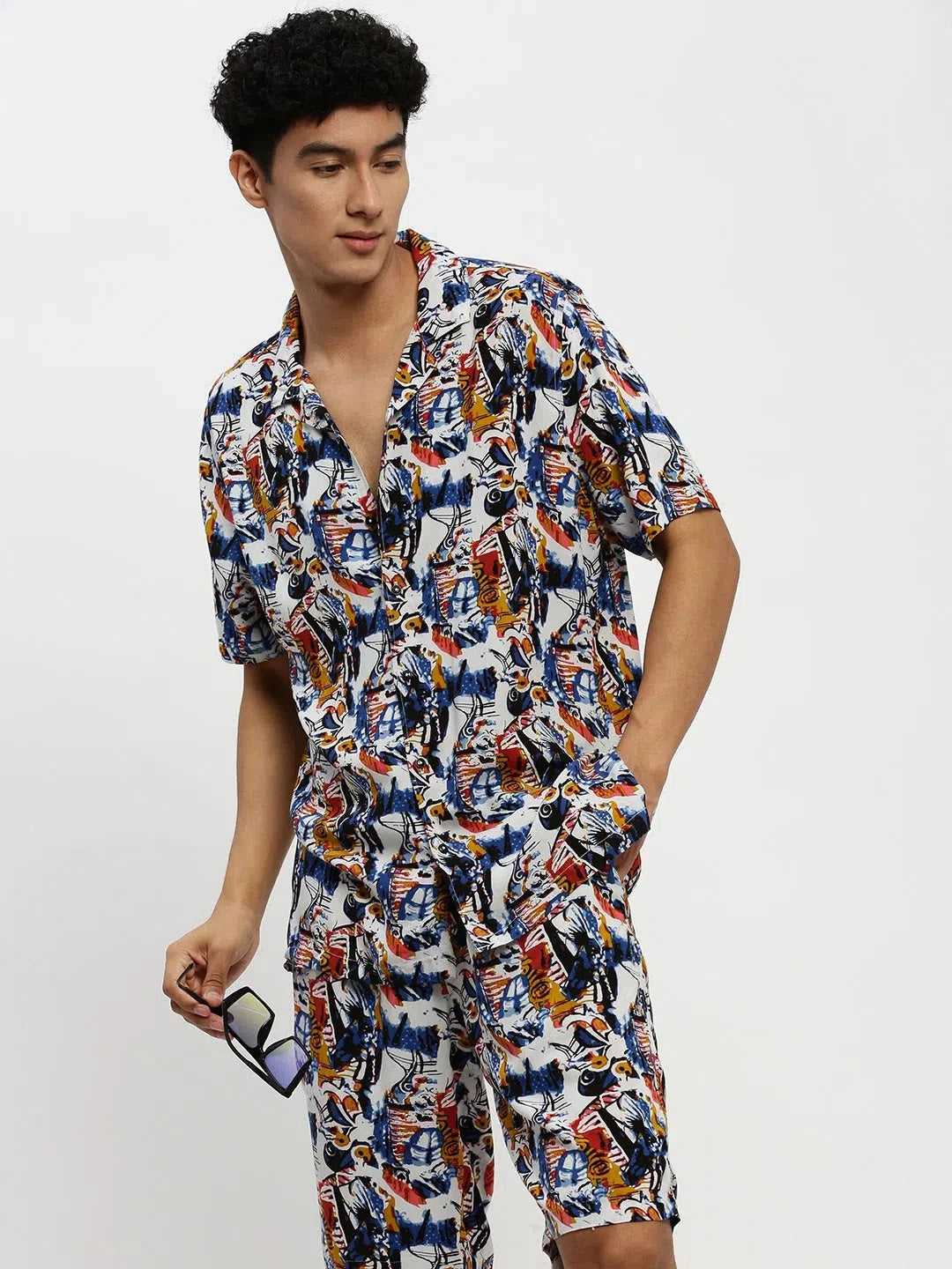 White Printed Mens Two Piece Sets - Cotton Co ord Sets for Men