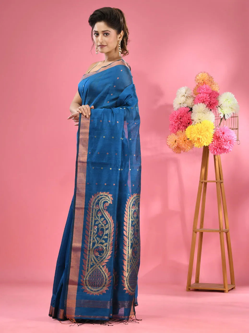 Sapphire Blue Cotton Blend Handwoven Saree With Zari Border-MA51BCT431270025