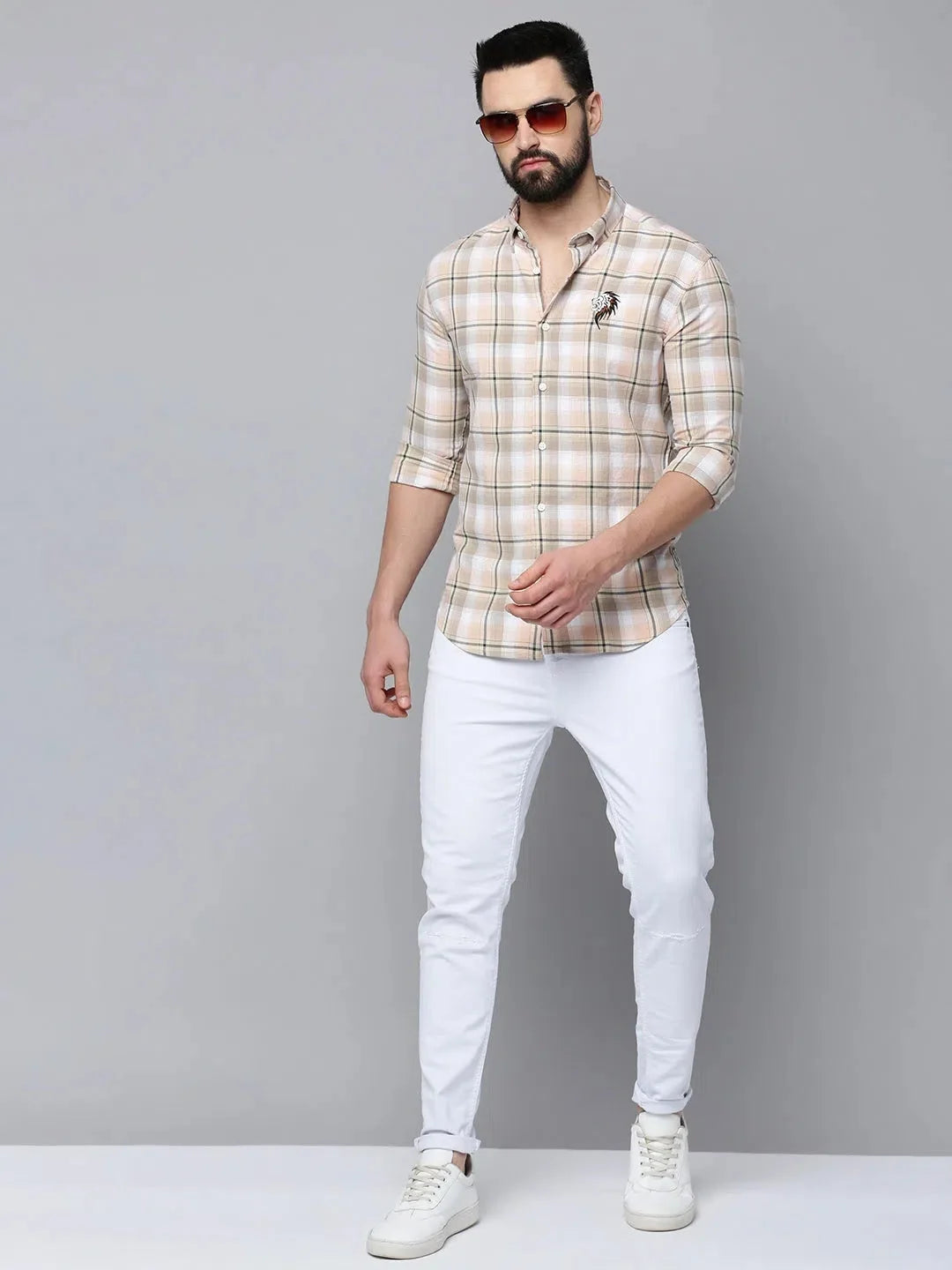 Beige Checked Mens Shirt | Cotton Casual Shirt from DesiQlo
