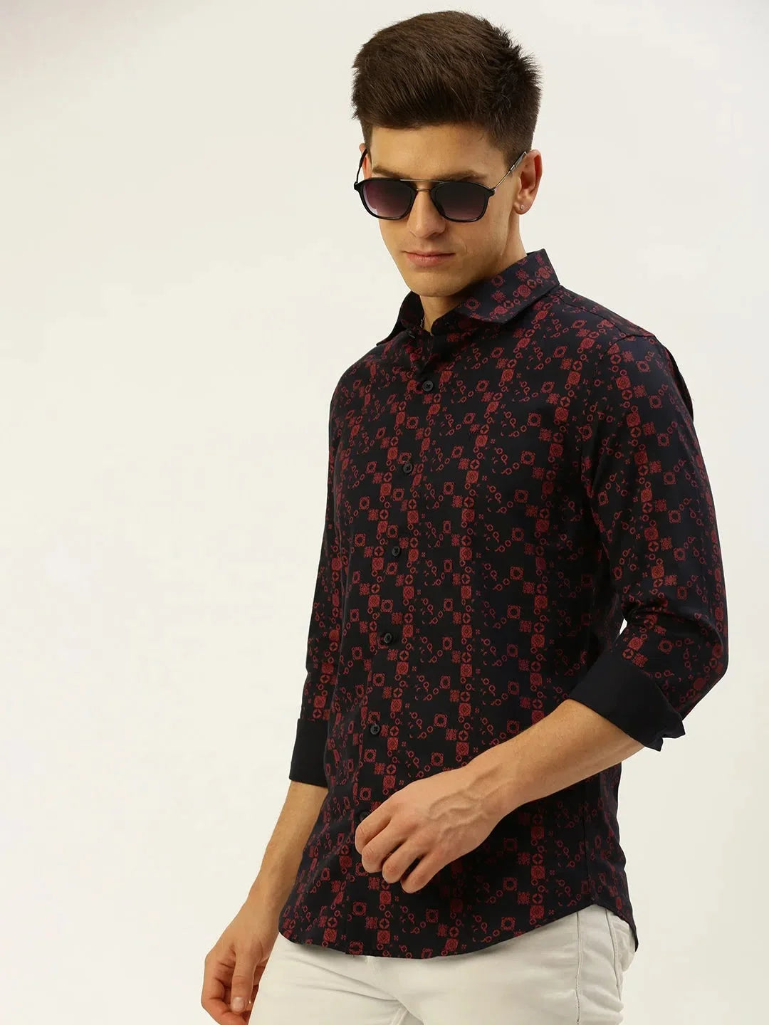 Navy Cotton Printed Shirt for Men - Casual Style | DesiQlo