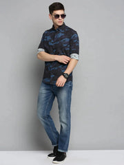 Men Navy Printed Casual Shirt-CARLOSPRINT-3230-Navyblue