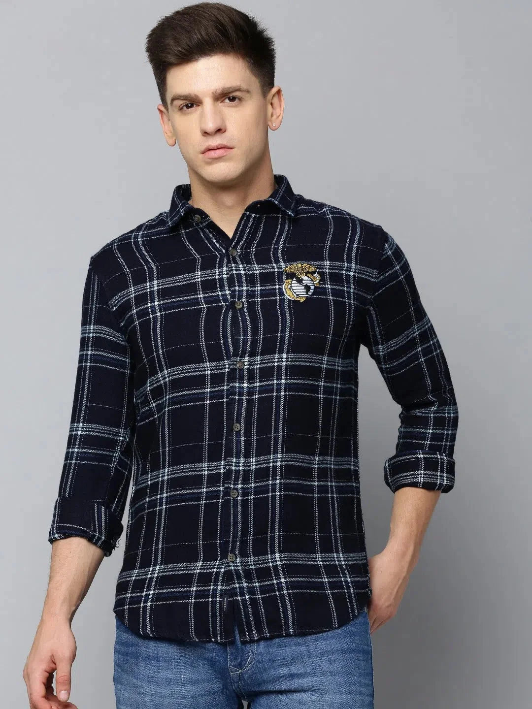 Mens Navy Checked Cotton Shirt | DesiQlo Casual Formal Shirts