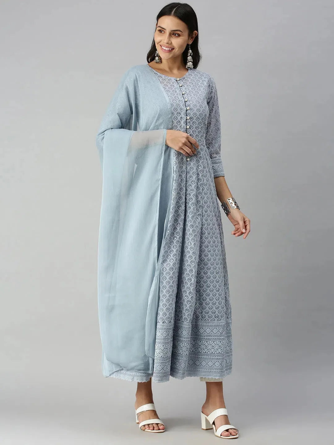 Grey Embroidered Anarkali Kurti - Women's Anarkali Suit Set