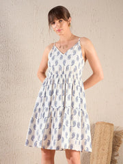 Women White Paisley Smocking Tiered Mini Dress