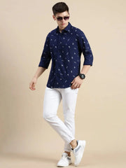 Men Navy Graphics Casual Shirt-GURJANPRINT-5412-Navyblue