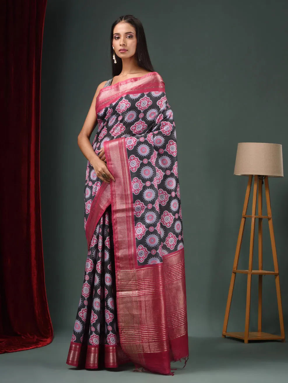 Charcoal Ajrakh Print Saree | Indian Sarees & Designer Styles