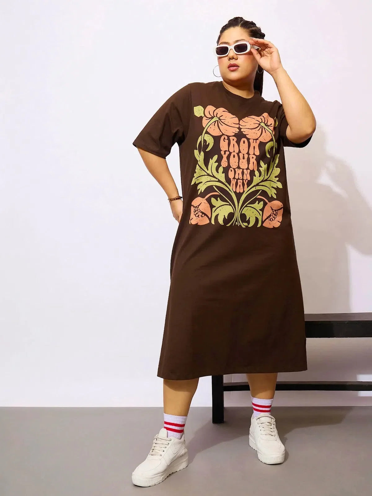 Brown Graphic T-Shirt Dress | Women's Cotton Midi Dress