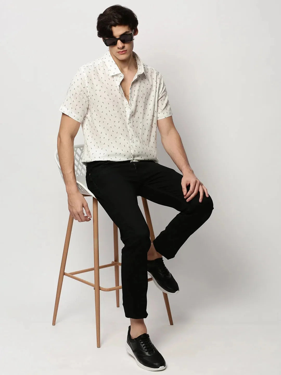 White Geometric Print Mens Shirt - Cotton Casual Shirt