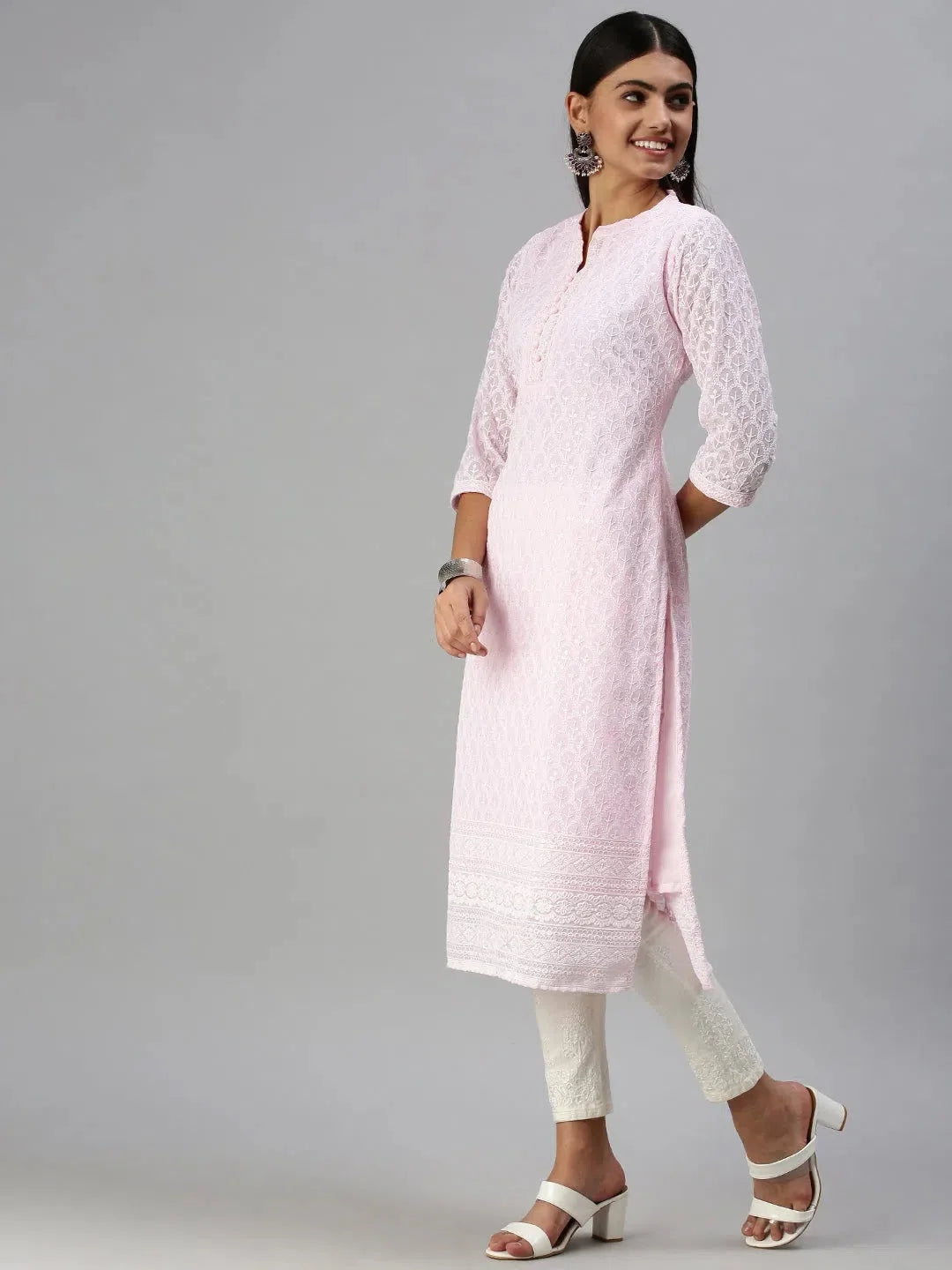 Pink Embroidered Nylon Kurta- Stylish Indian Kurta for Women