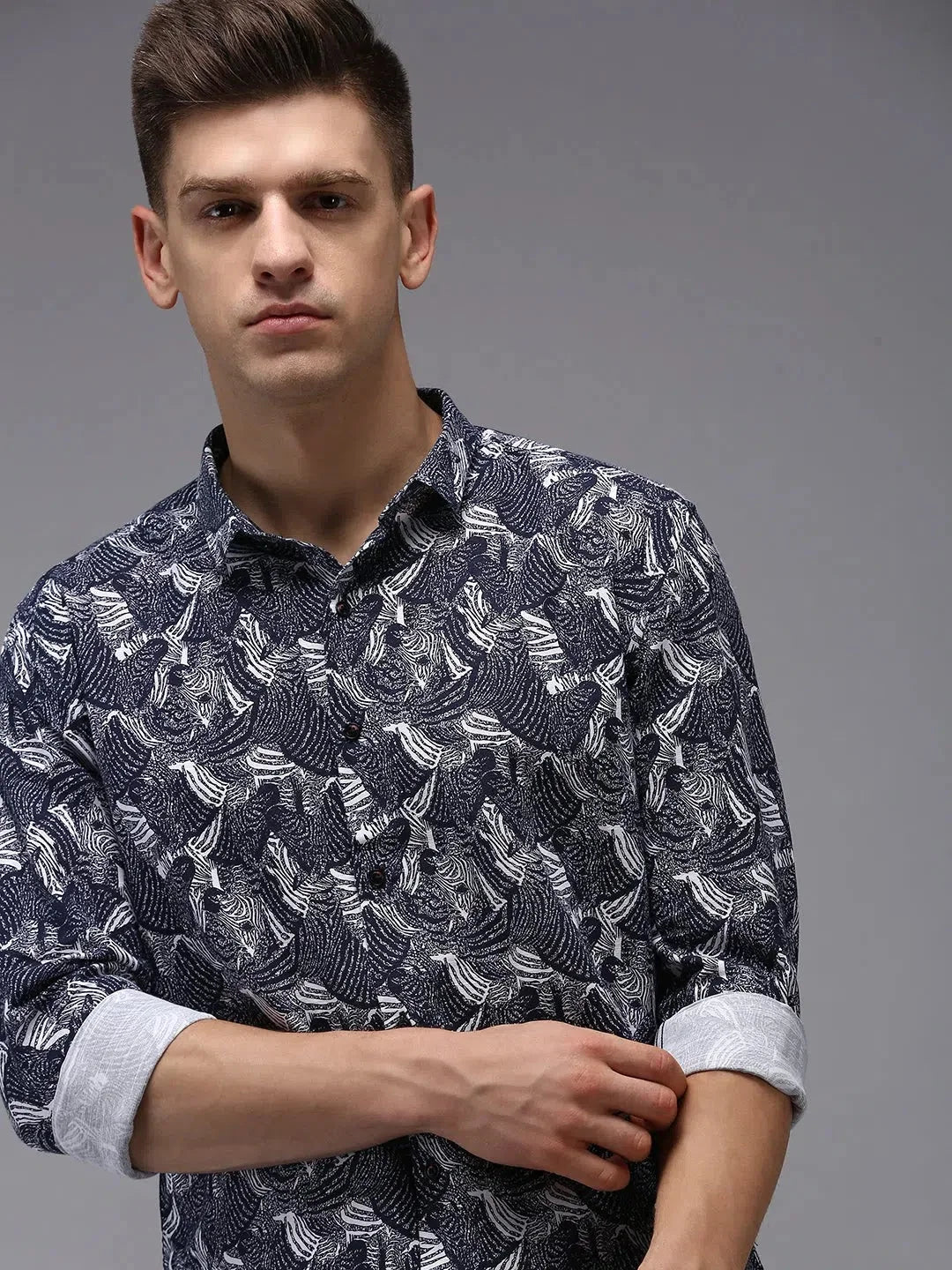 Men's Navy Printed Shirt - Cotton Casual Shirt | DesiQlo