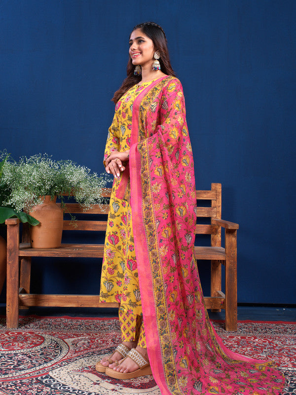 Trendy Yellow Cotton Kurta Set with Dupatta - Women's Indian Kurta Sets