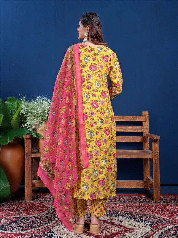 Trendy Yellow Cotton Kurta Set with Dupatta - Women's Indian Kurta Sets