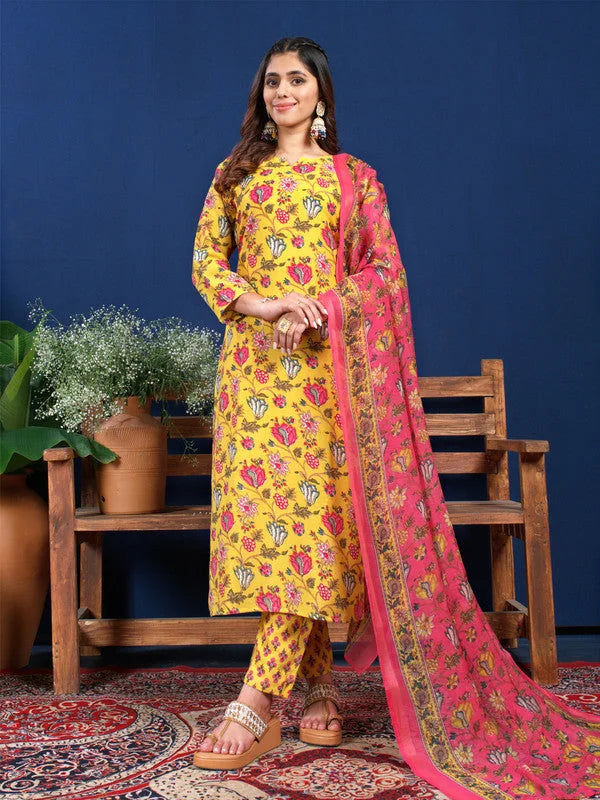 Trendy Yellow Cotton Kurta Set with Dupatta - Women's Indian Kurta Sets