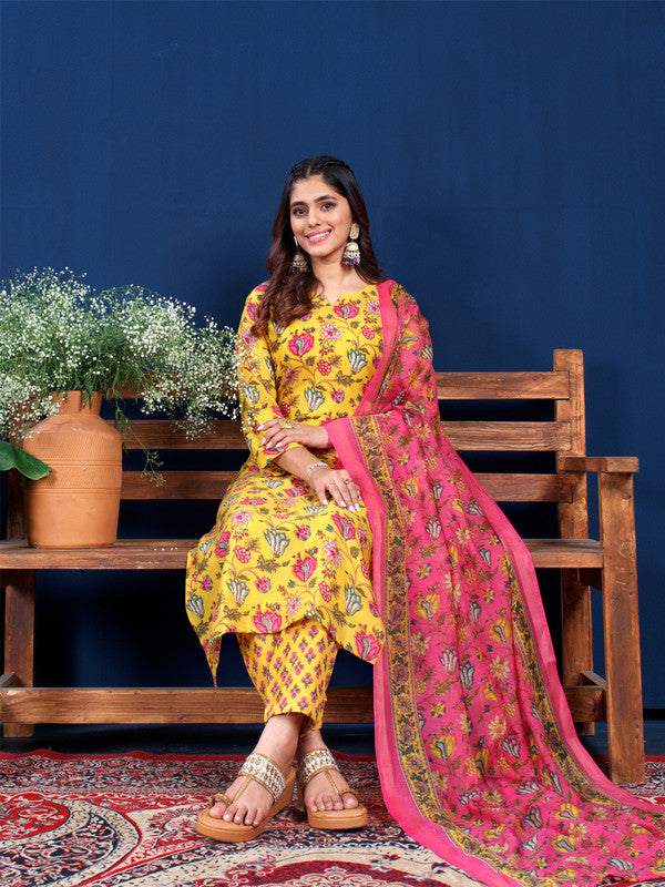 Trendy Yellow Cotton Kurta Set with Dupatta - Women's Indian Kurta Sets