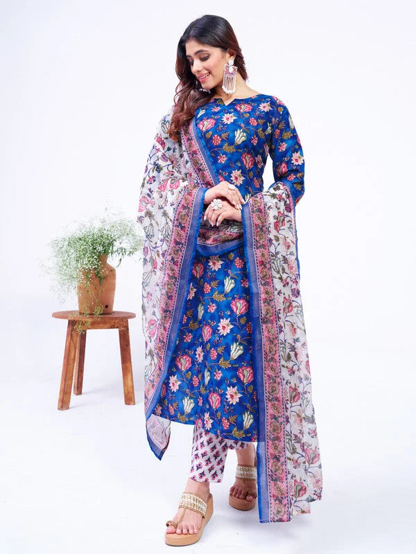 Cotton Kurta Sets: Blue Embroidered Indian Kurta Set