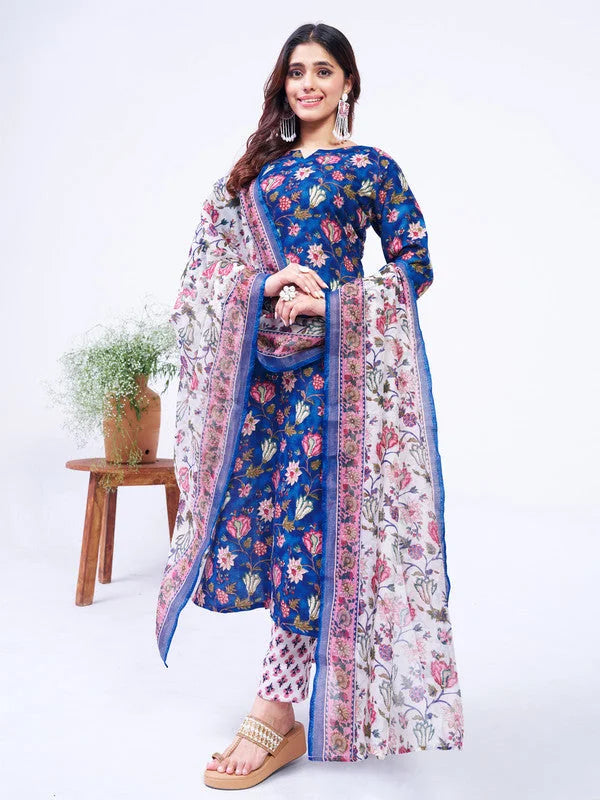 Cotton Kurta Sets: Blue Embroidered Indian Kurta Set