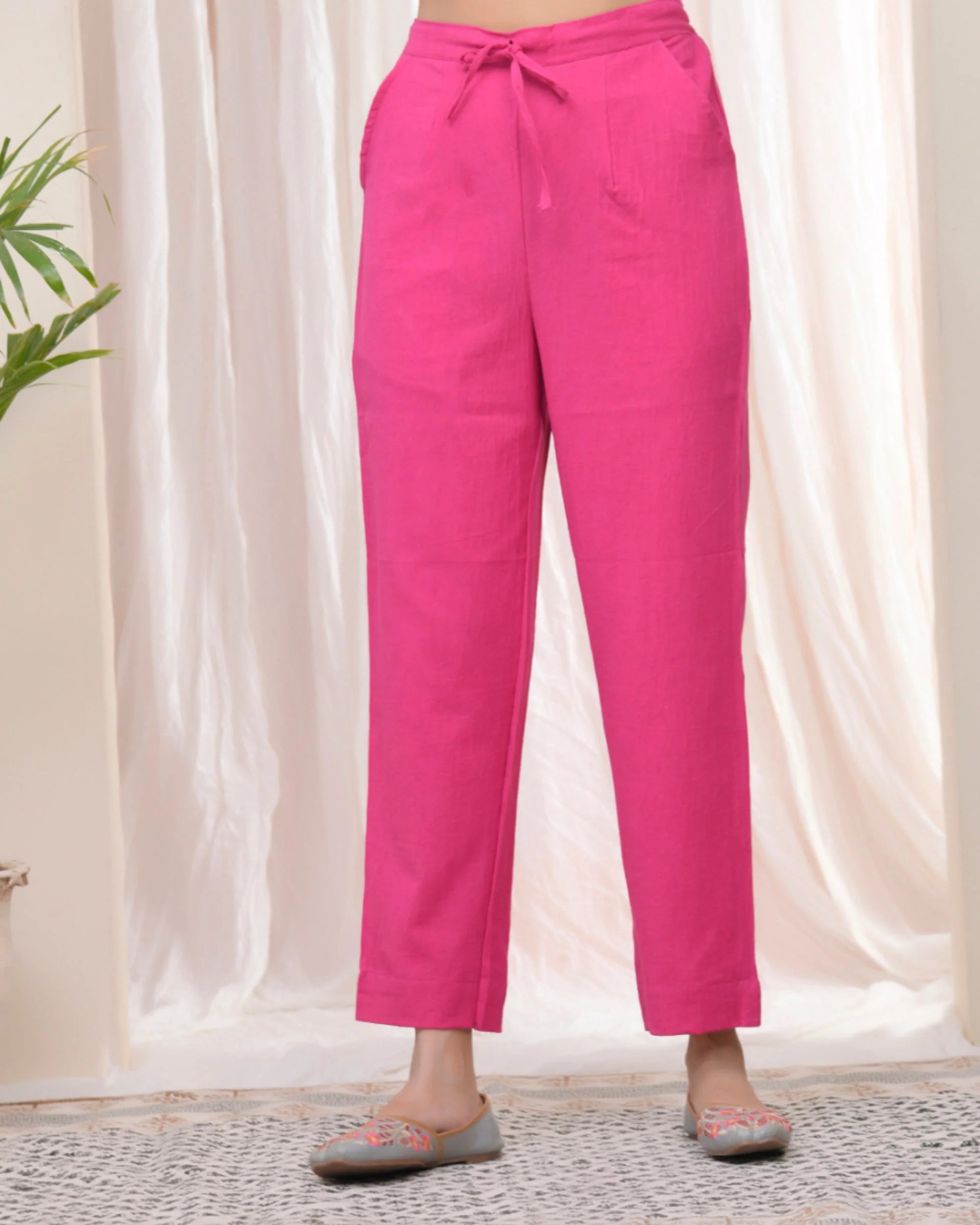 Women Rani Cotton Flax Solid Straight Pants