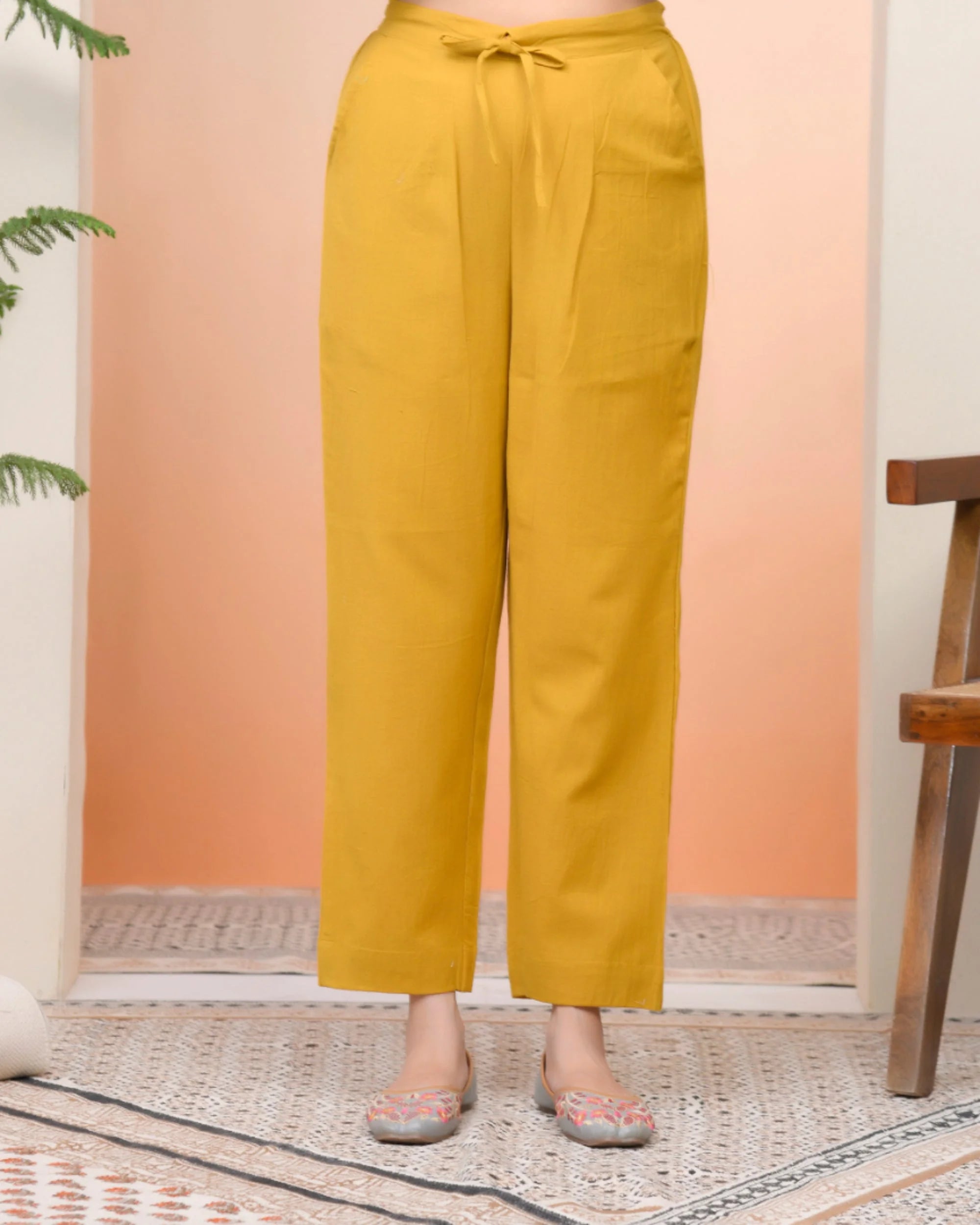 Women Mustard Cotton Flax Solid Straight Pants