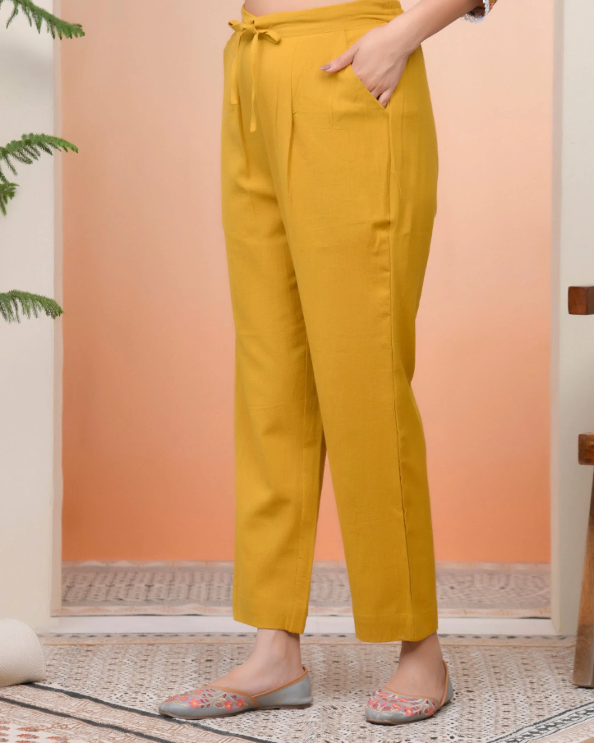 Women Mustard Cotton Flax Solid Straight Pants