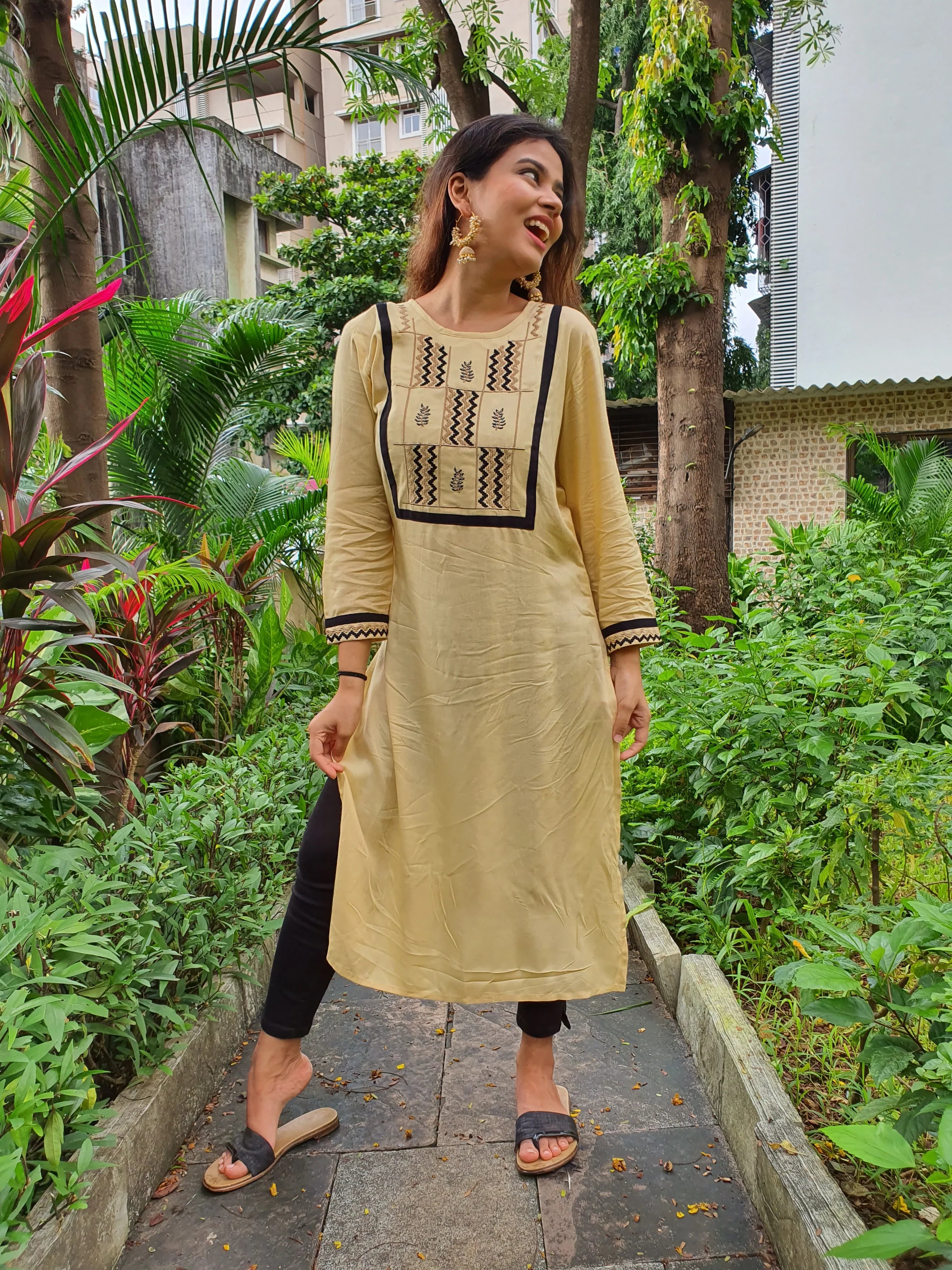 Cream Yoke Design Kurta - Women's Rayon Indian Kurtas Online