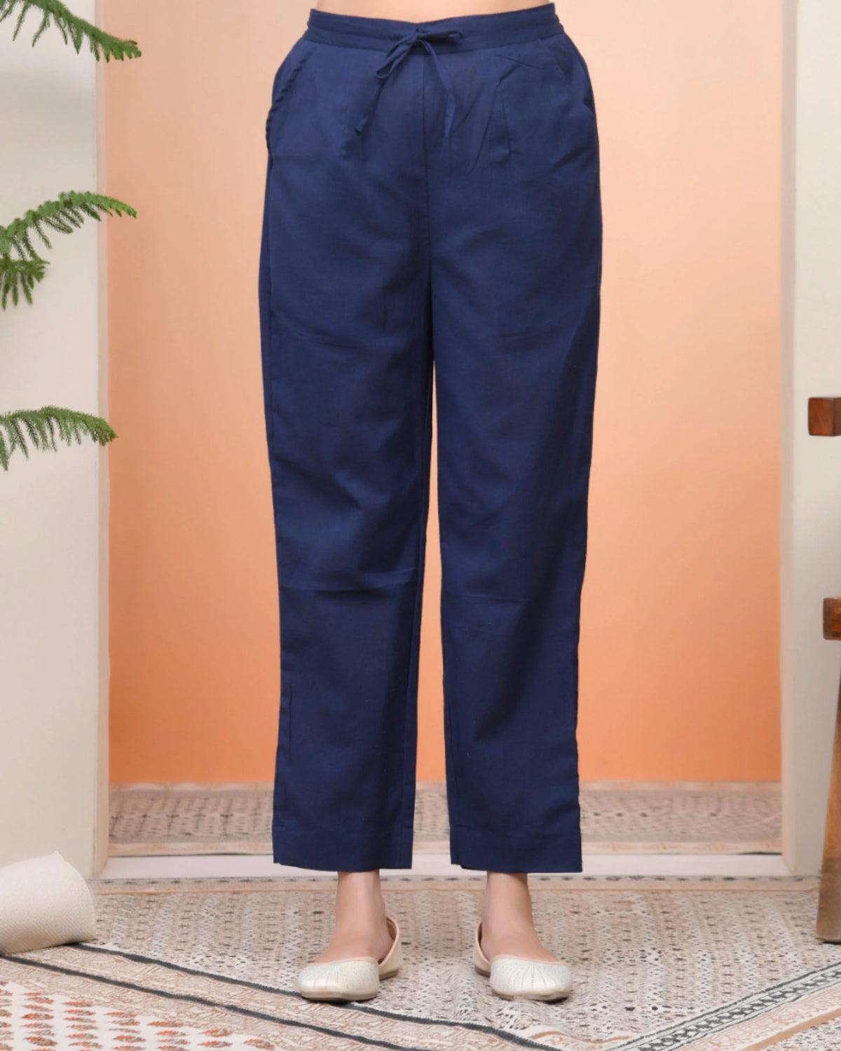 Women Royal Blue Cotton Flax Solid Straight Pants-202VAASROYALBLUE