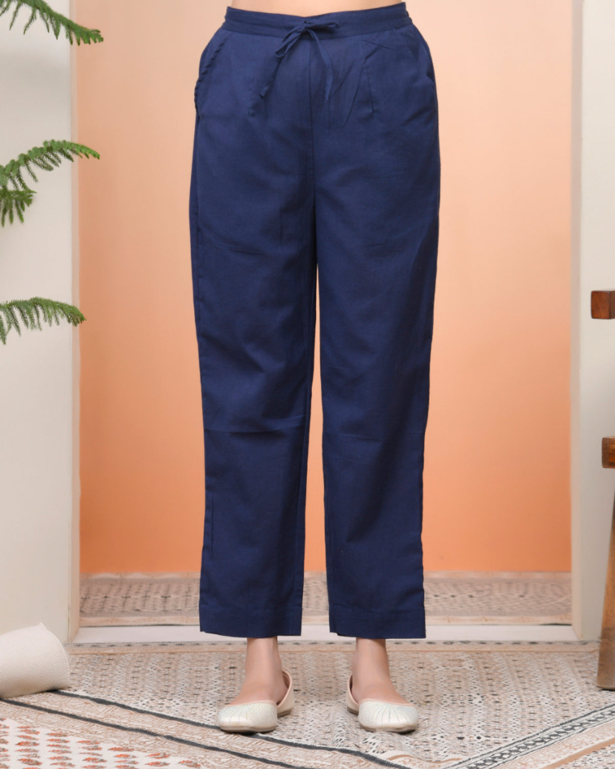 Women Royal Blue Cotton Flax Solid Straight Pants-202VAASROYALBLUE