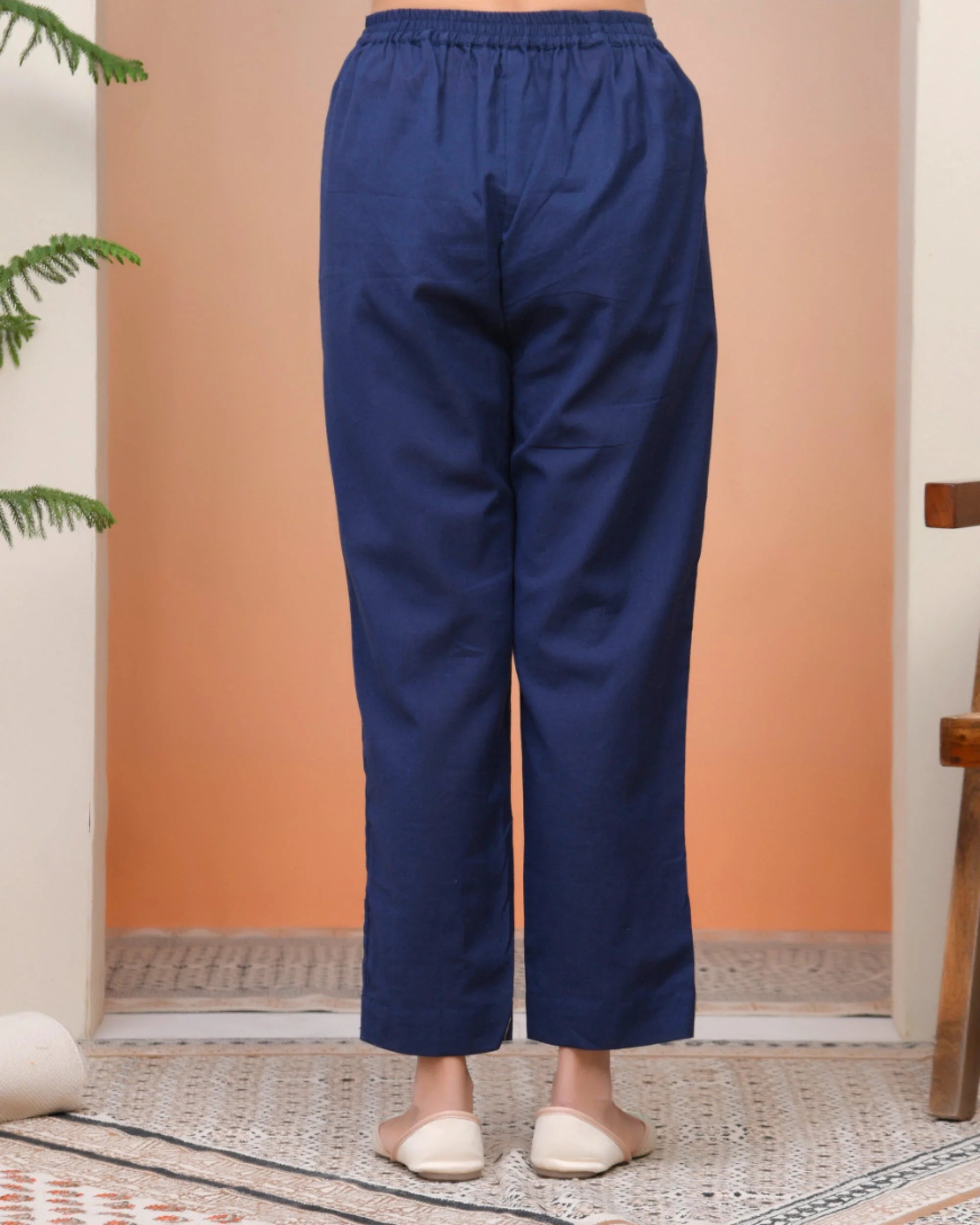 Women Royal Blue Cotton Flax Solid Straight Pants