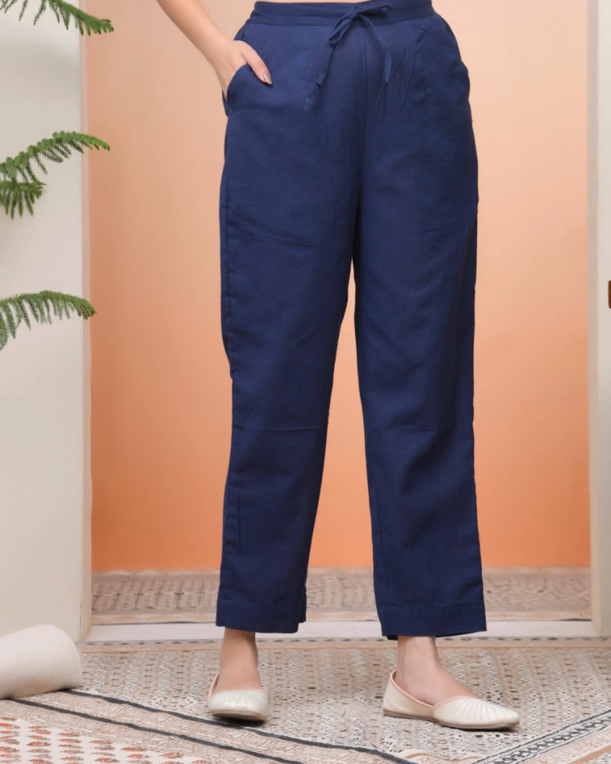 Women Royal Blue Cotton Flax Solid Straight Pants