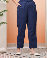 Women Royal Blue Cotton Flax Solid Straight Pants-202VAASROYALBLUE