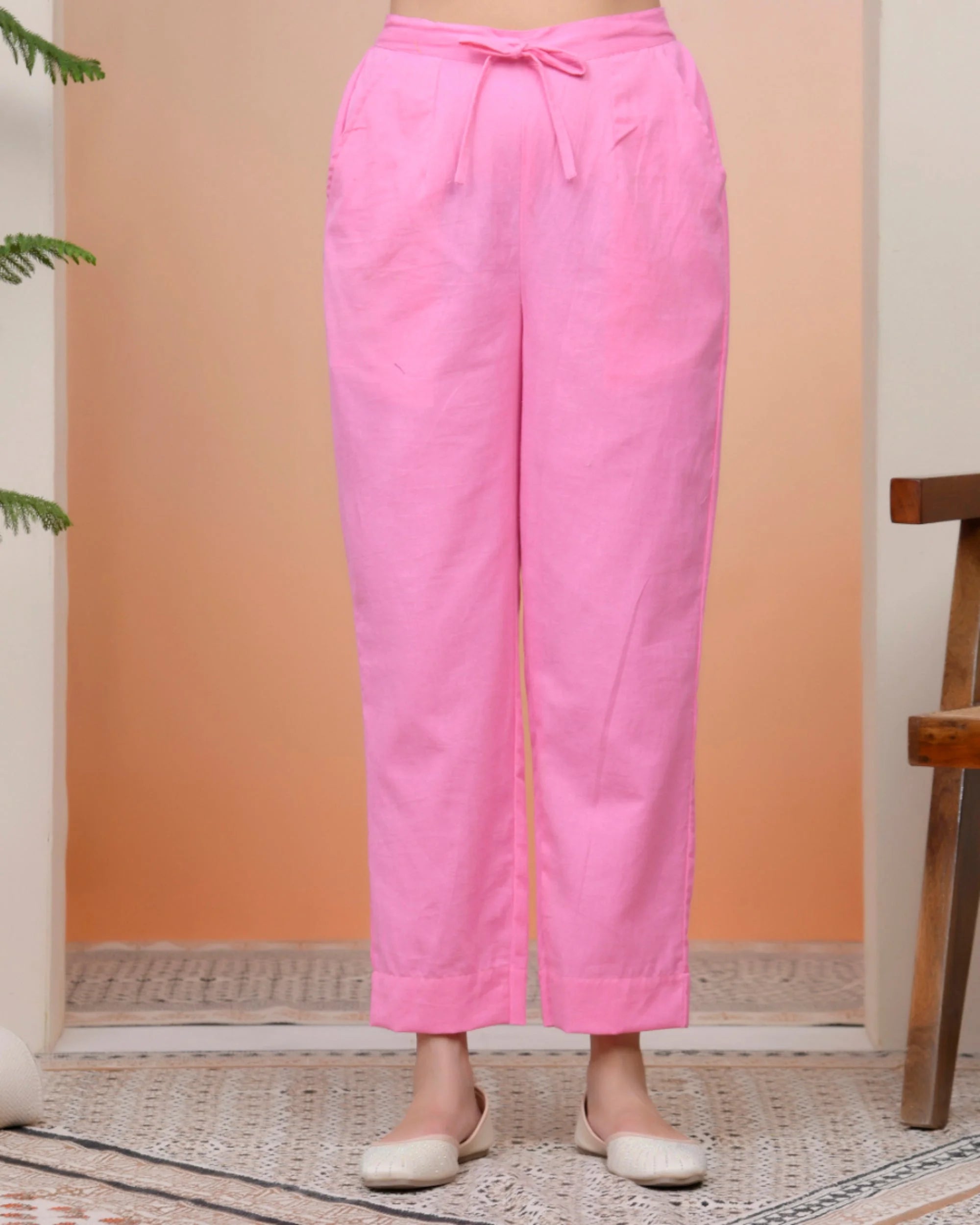 Women Pink Cotton Flax Solid Straight Pants