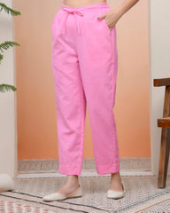Women Pink Cotton Flax Solid Straight Pants-203VAASPINK