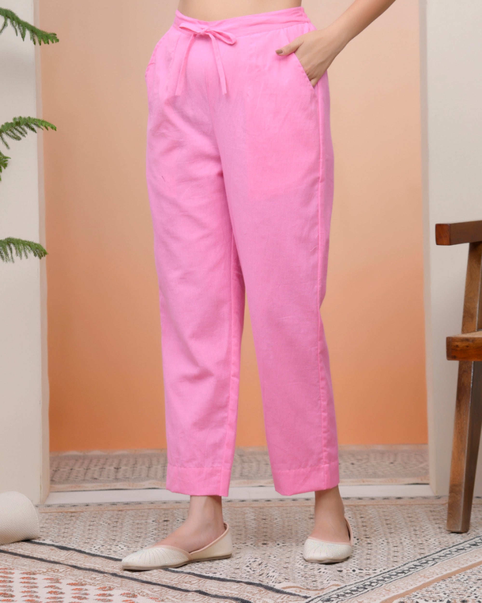 Women Pink Cotton Flax Solid Straight Pants