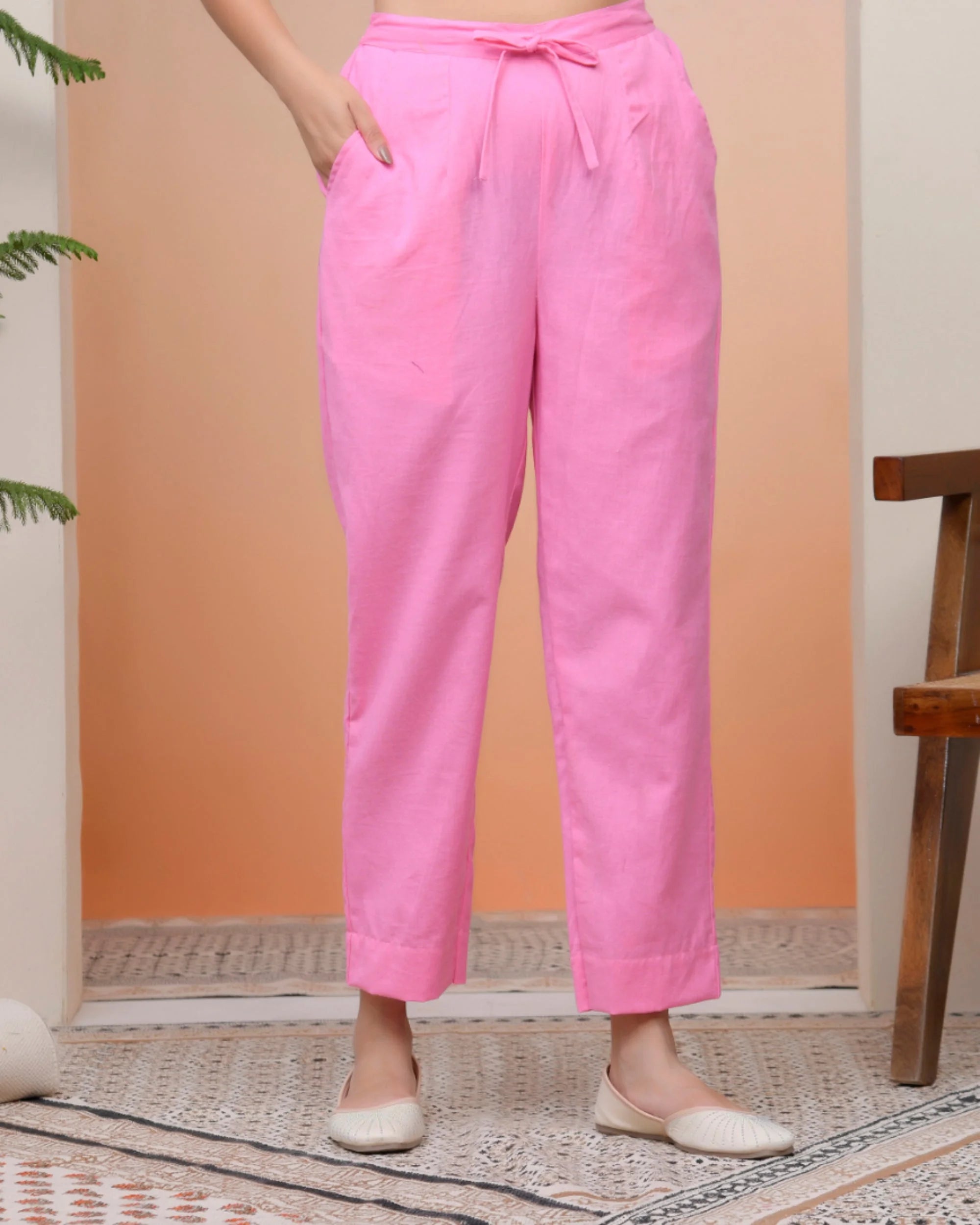Women Pink Cotton Flax Solid Straight Pants