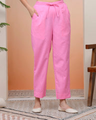 Women Pink Cotton Flax Solid Straight Pants-203VAASPINK