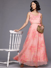 Floral Printed Gotta Patti Organza Ethnic Gown-AHEDORKHGP-256