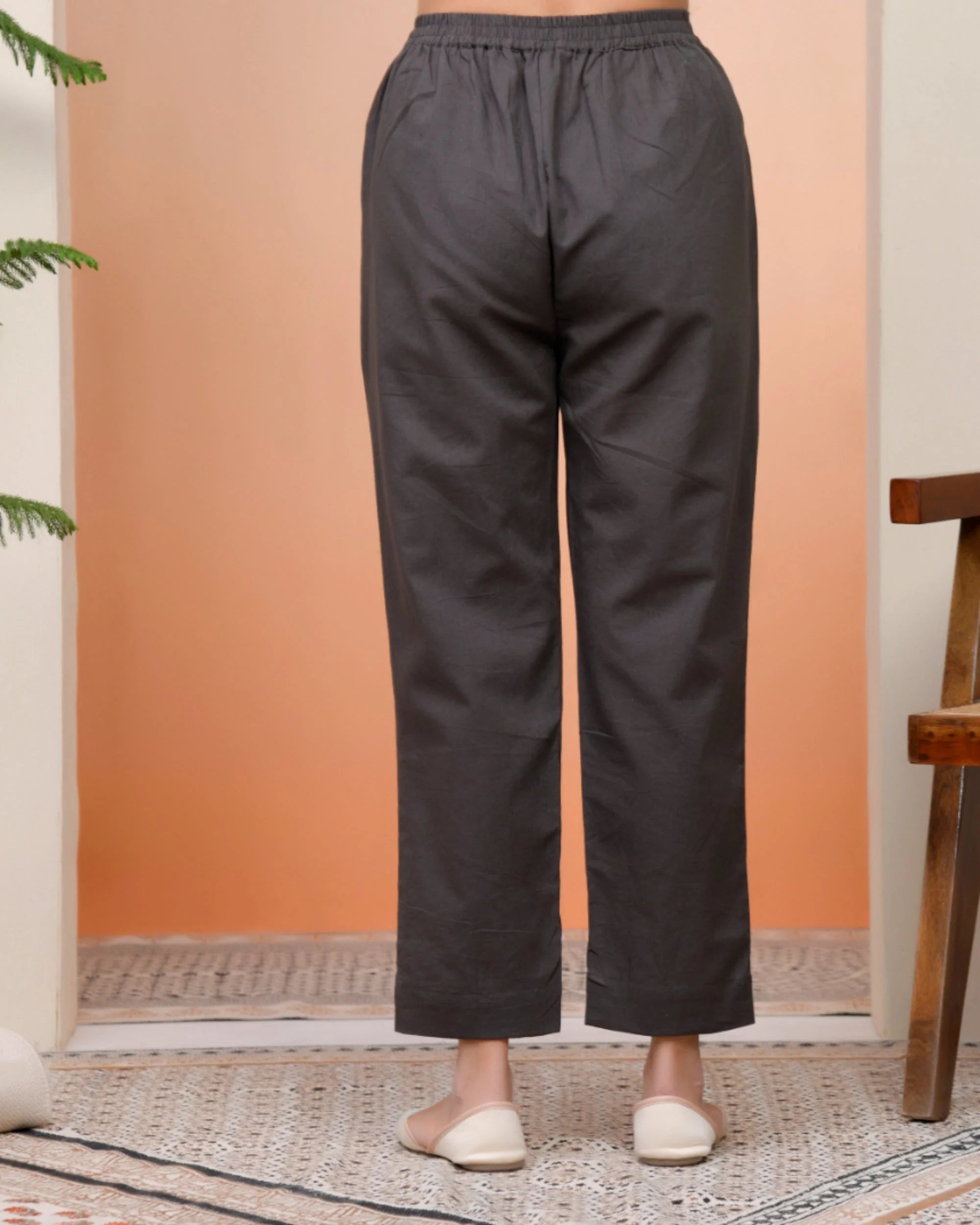 Women Charcoal Cotton Flax Solid Straight Pants