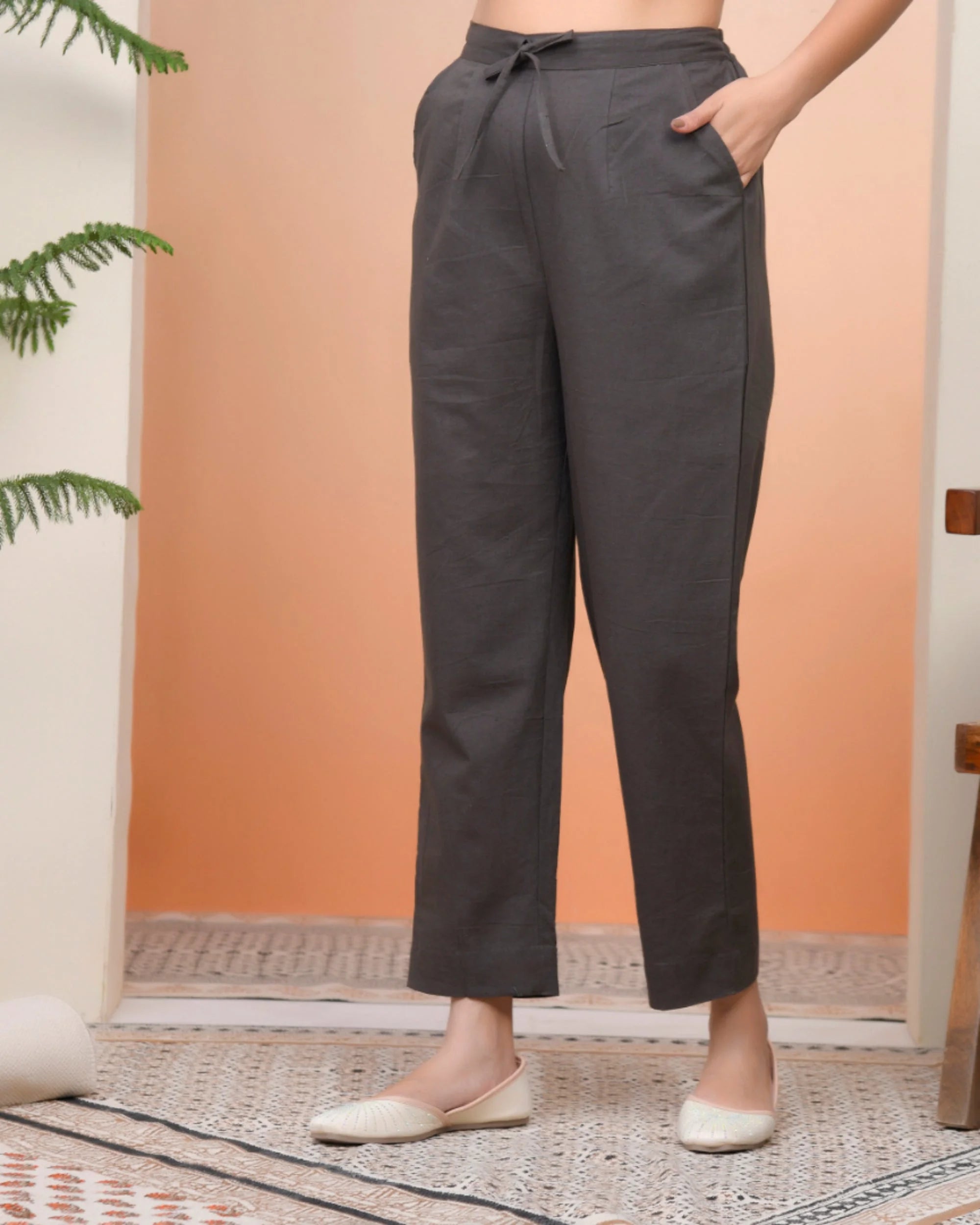 Women Charcoal Cotton Flax Solid Straight Pants