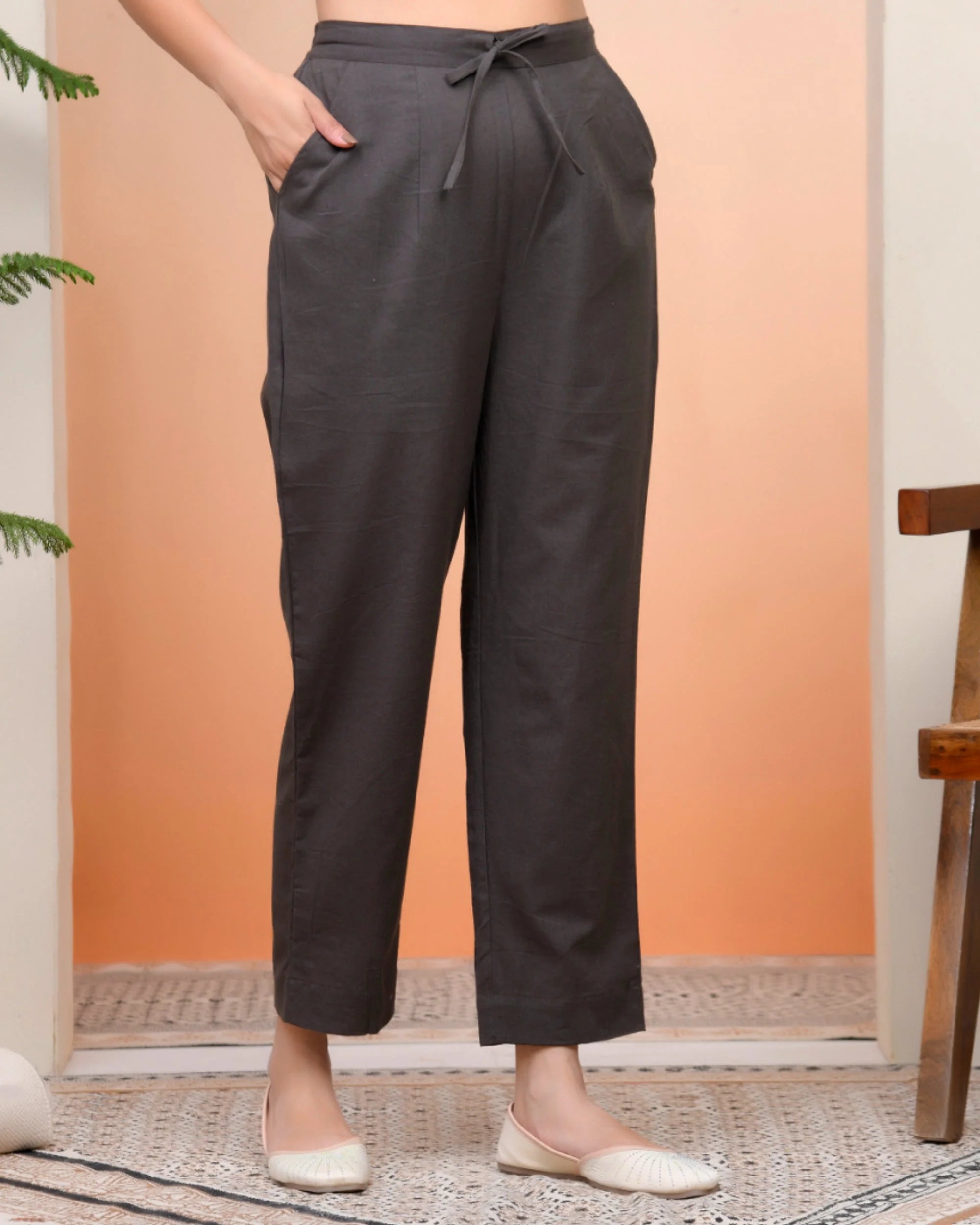 Women Charcoal Cotton Flax Solid Straight Pants