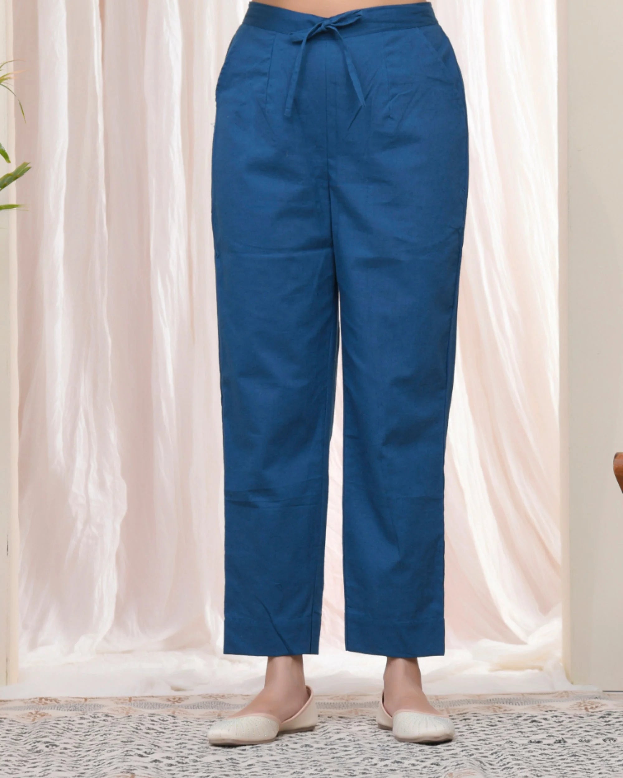 Women Cobalt Blue Cotton Flax Solid Straight Pants