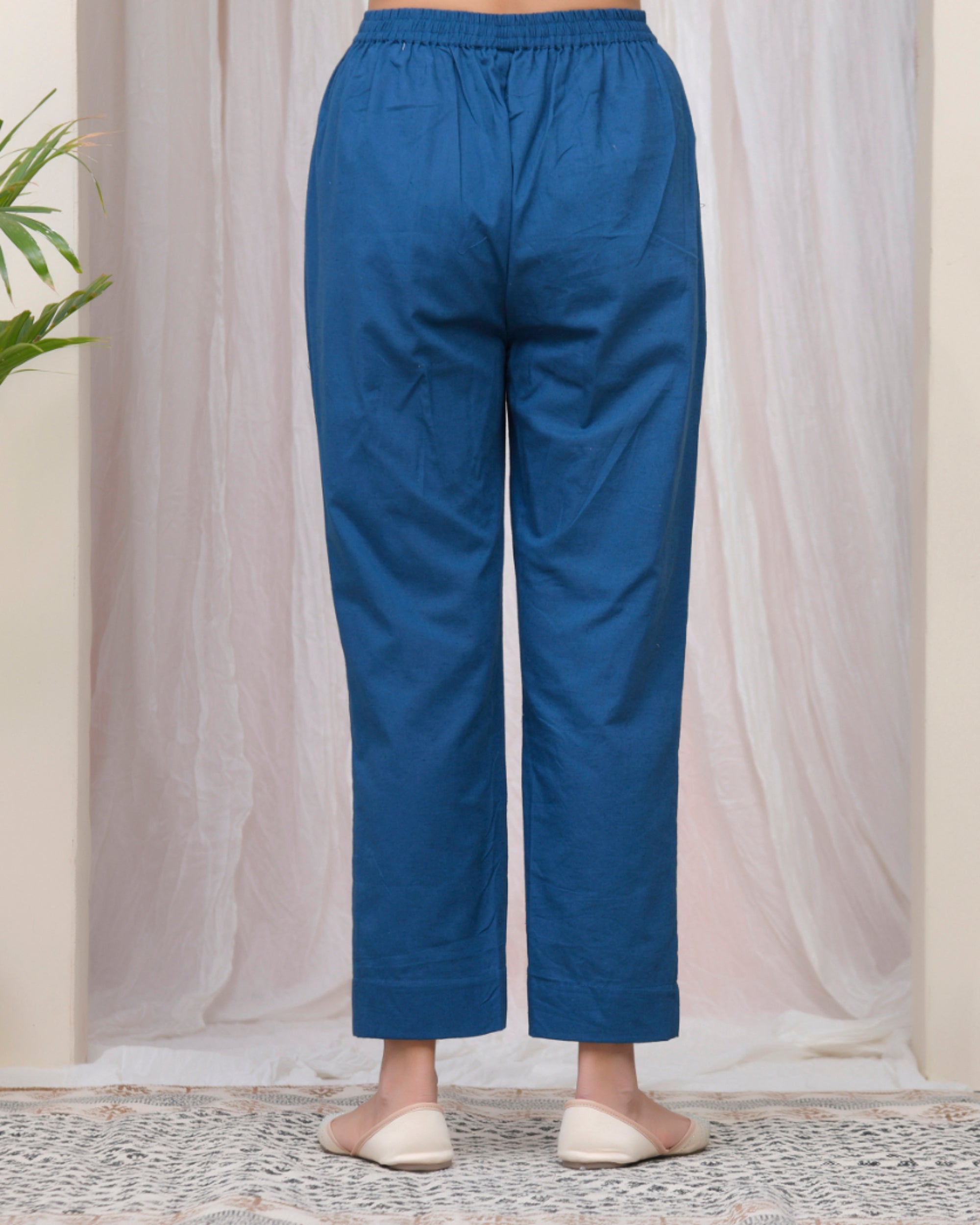 Women Cobalt Blue Cotton Flax Solid Straight Pants