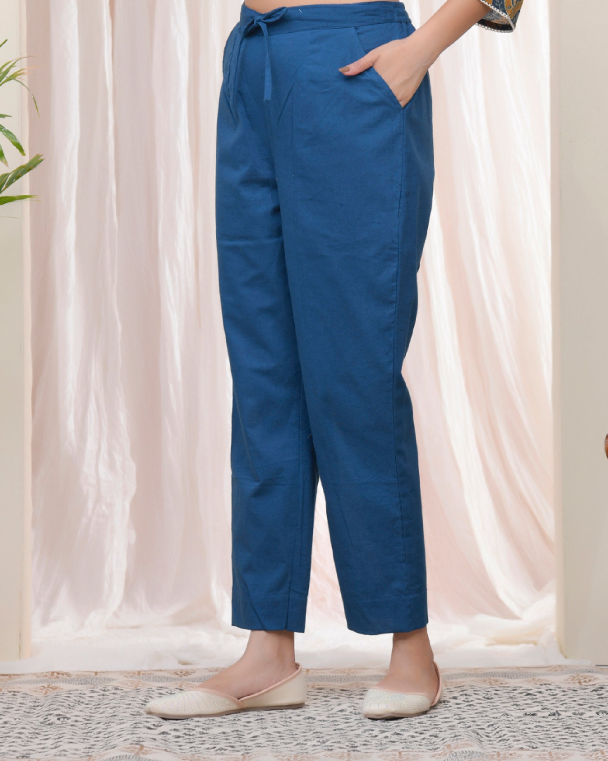 Women Cobalt Blue Cotton Flax Solid Straight Pants