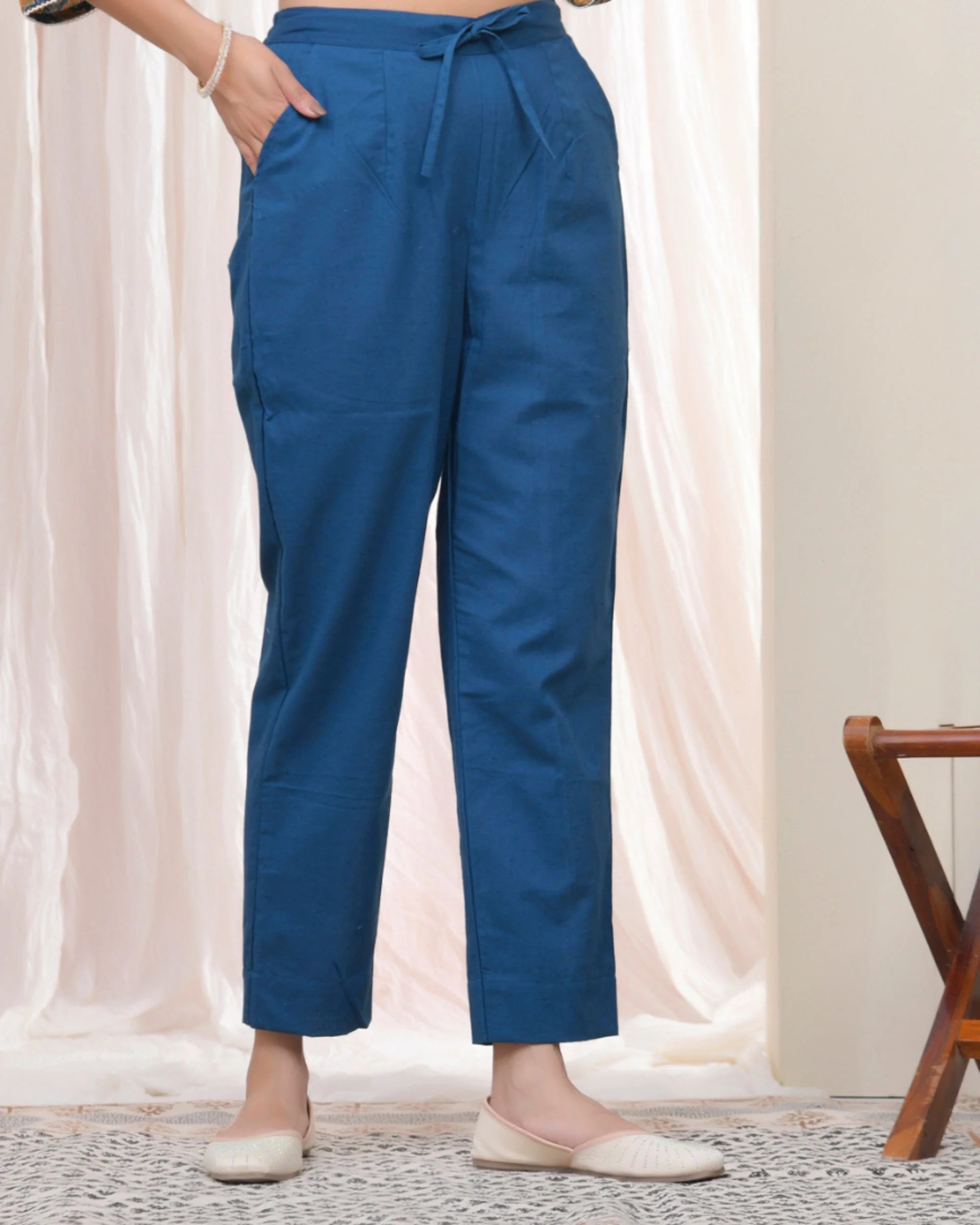 Women Cobalt Blue Cotton Flax Solid Straight Pants