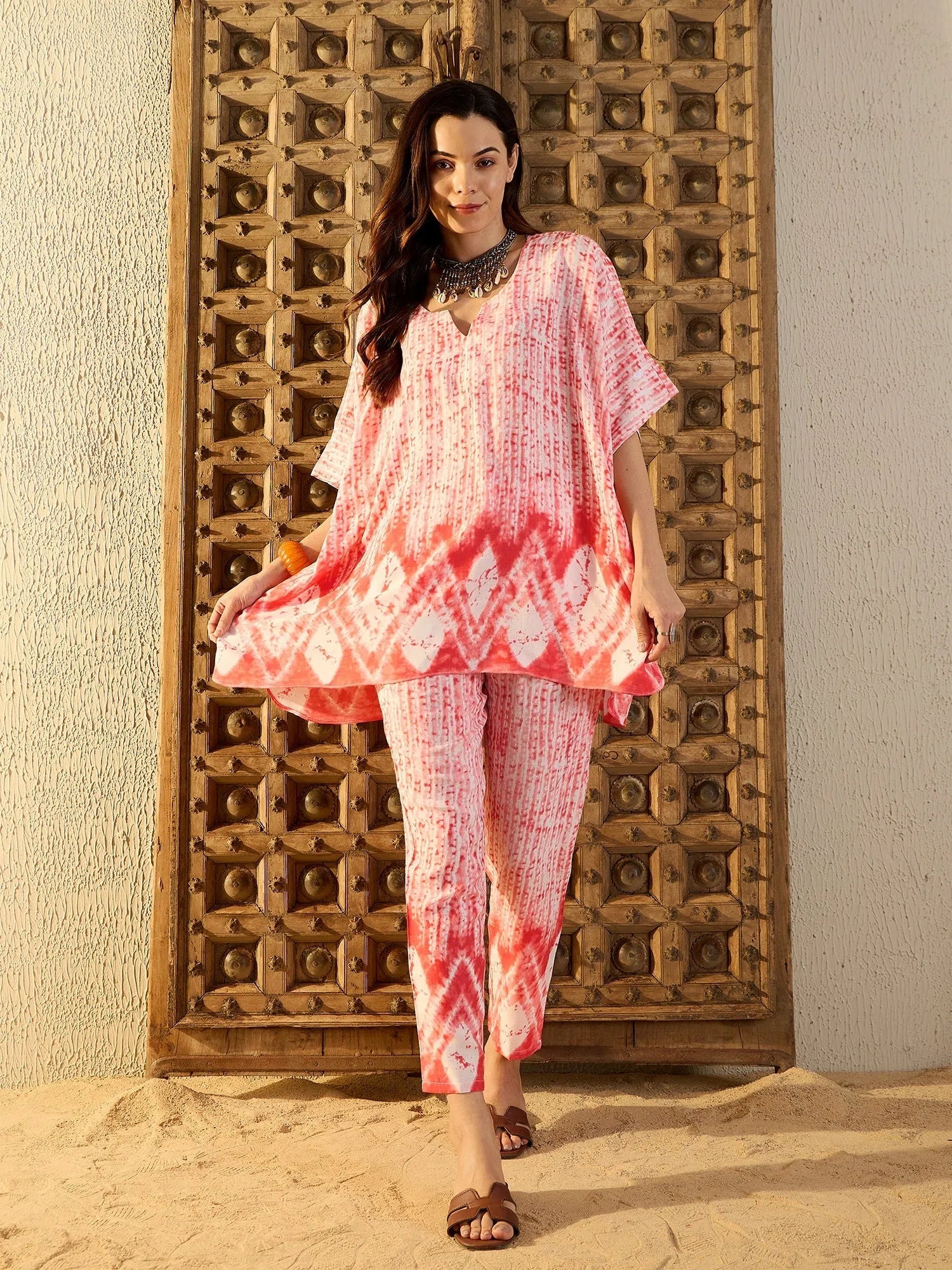 Peach Tie Dye Kaftan & Pants Co Ord Sets for Women | Rayon