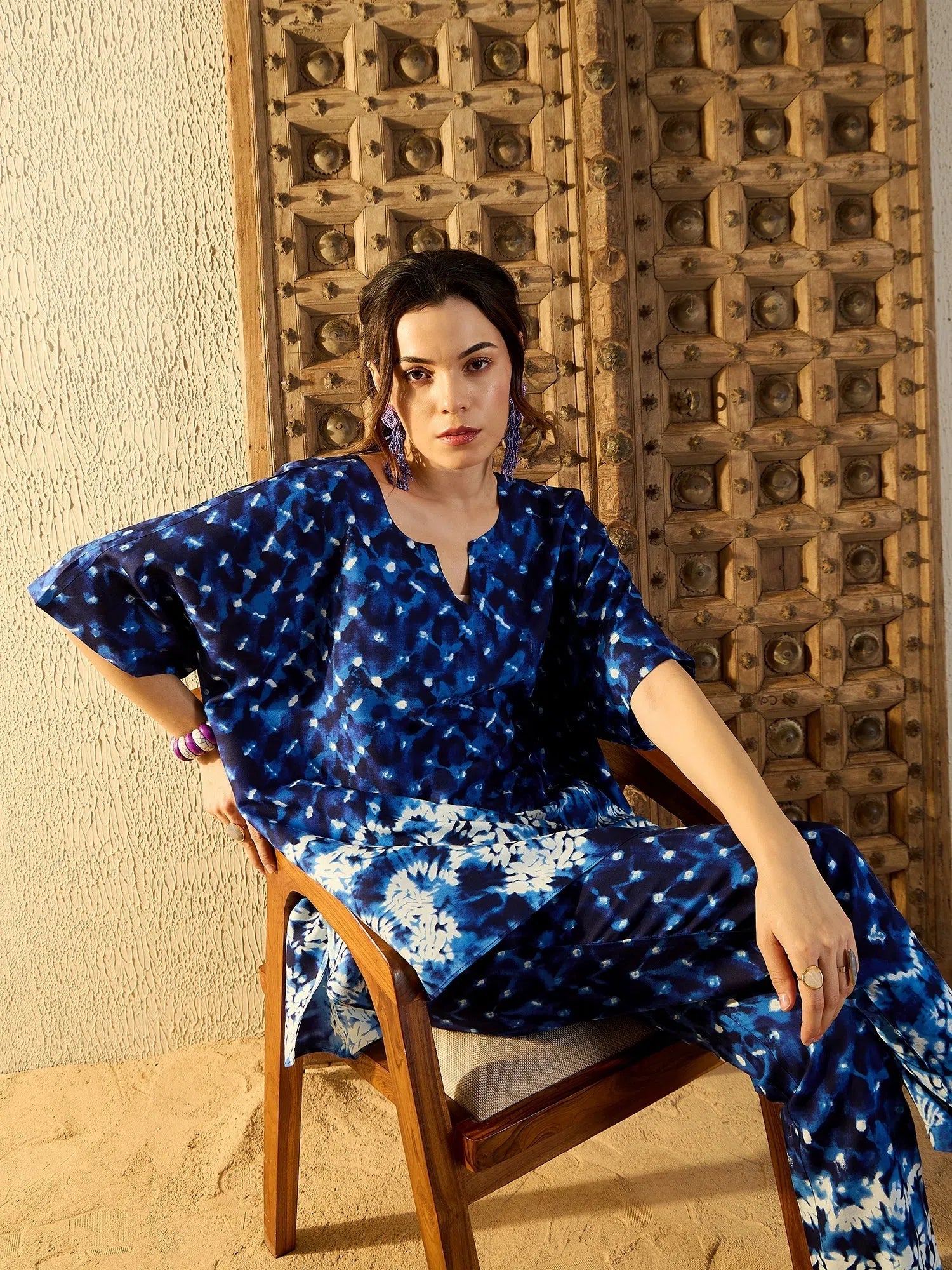Blue Tie Dye Kaftan & Pants Co Ord Set for Women | Rayon