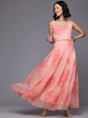 Floral Printed Gotta Patti Organza Ethnic Gown-AHEDORKHGP-256