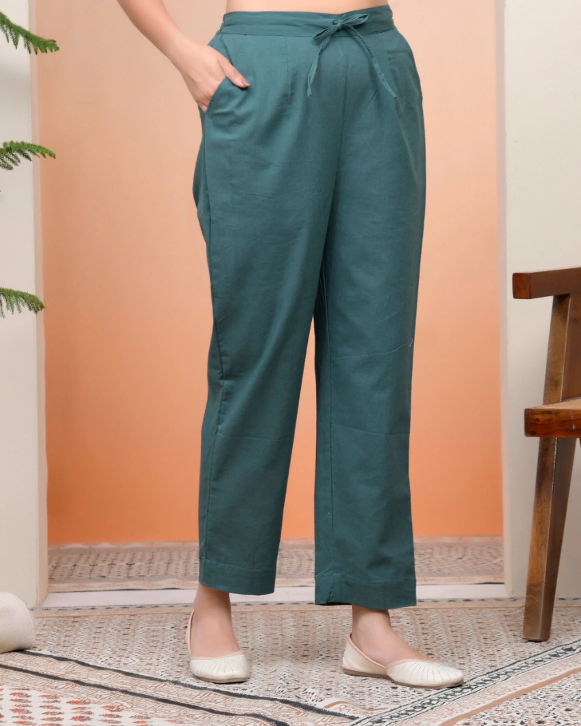 Women Ferozi Cotton Flax Solid Straight Pants